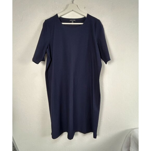 Eileen Fisher Womens Navy Washable Stretch Crepe Side Zip Shift Dress Large NWOT - Picture 1 of 8